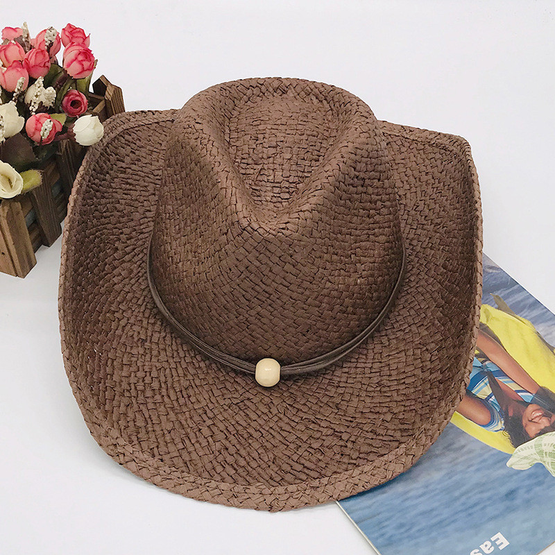 Brown Garland Cowboy Hat Unisex Striped Flanging Floppy Hat Sun-Proof Seaside Beach Hat