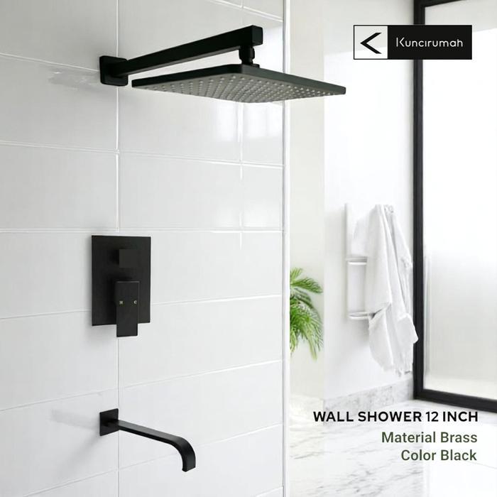 Wall Shower Set Hitam 12 Inch Kuningan Kran Tanam Shower Tembok