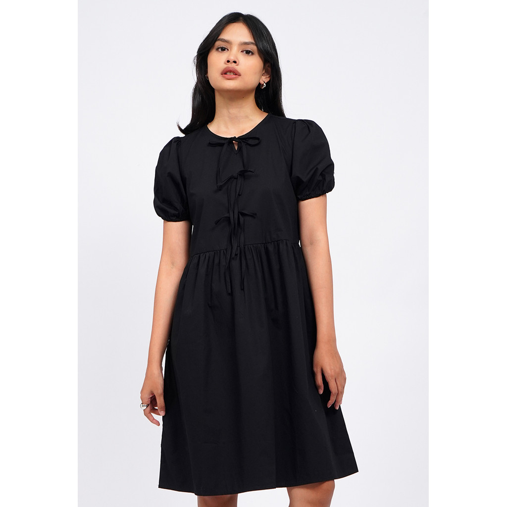 COLORBOX Balloon Sleeves Midi Dress Black