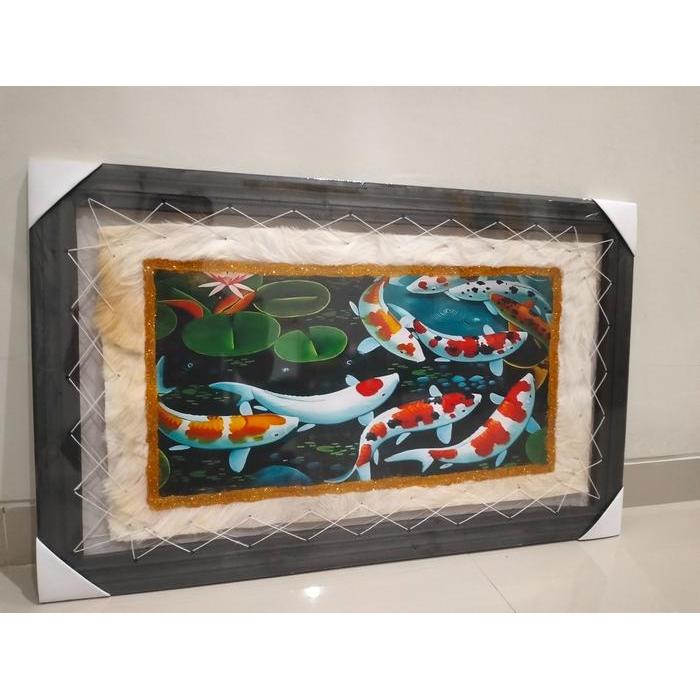 HIASAN DINDING JUMBO ASLI KULIT KAMBING MOTIF IKAN KOI PAJANGAN LUKISAN AESTHETIC FRAME KAYU