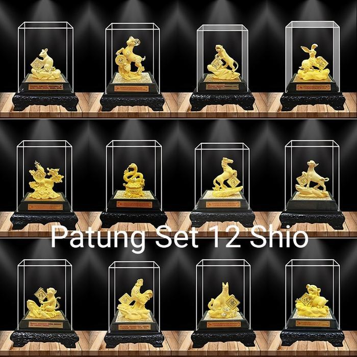 Patung Emas Box Kaca Komplit Gift Set 12 Shio Kado Imlek Pajangan Shio