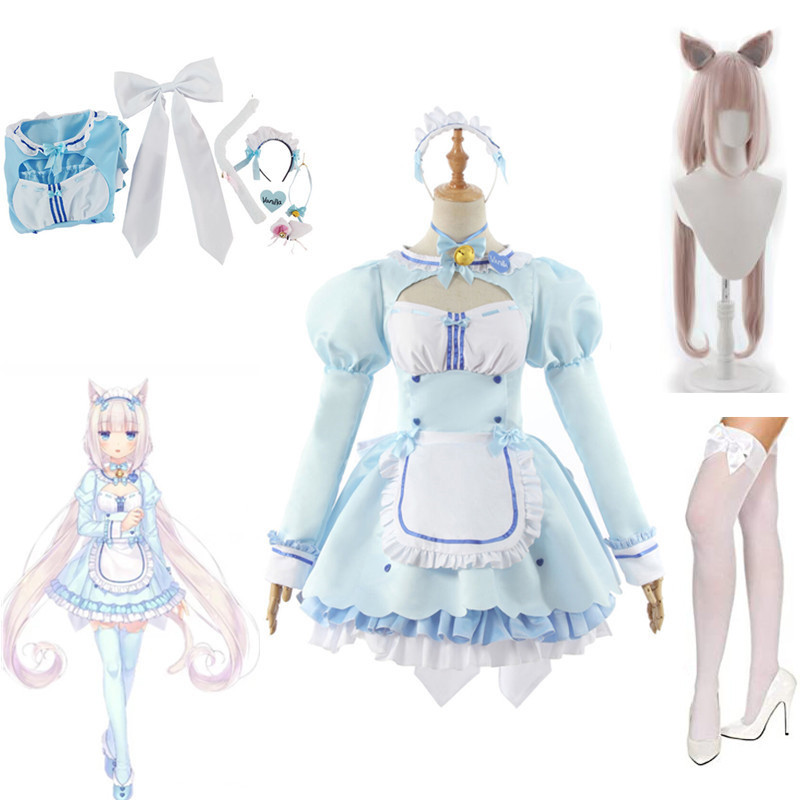 Anime Nekopara Vanilla Cosplay Wig Costume Maid Lolita Dress Blue Halloween Party Show Role Play