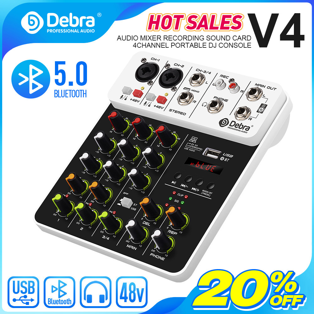 Debra V4 4 Channels Audio Mixer With Bluetooth USB 48V Phantom Power