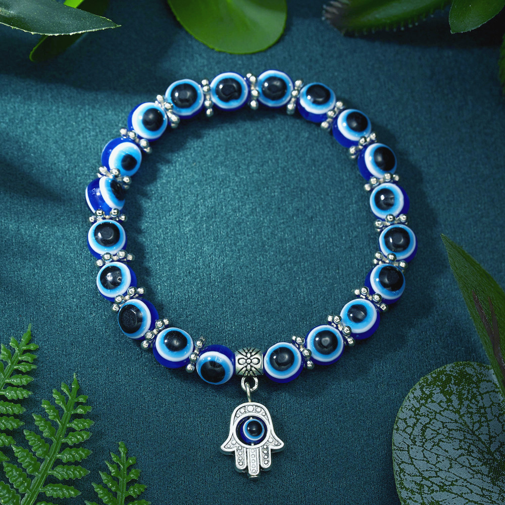 Turkish Lucky Evil Eye Bracelets For Men Women Blue Evil Eye Palm Butterfly Pendant Beads Bracelet