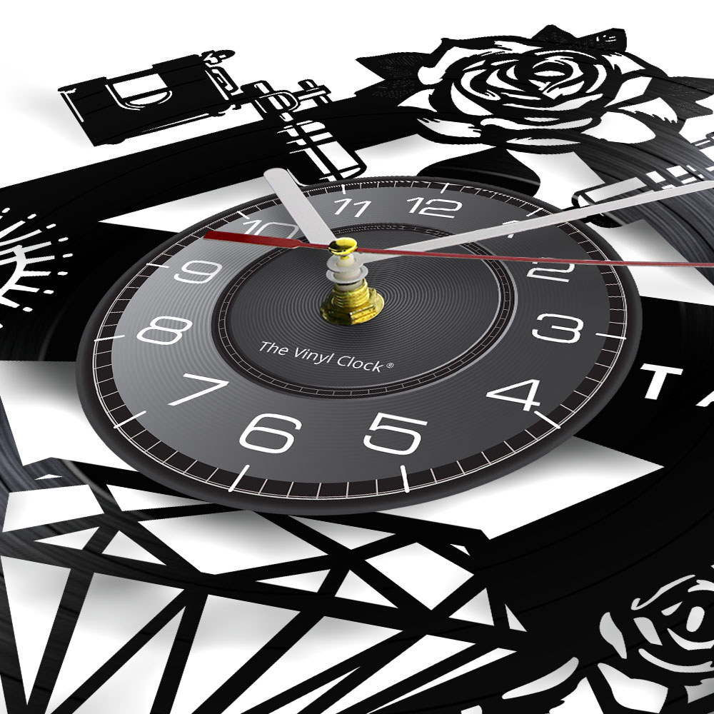 Tattoo Studio Sign Tattoo Custom Name Silent Vinyl Record Wall Clcok Tattoo Shop Tattoo Machine Wall