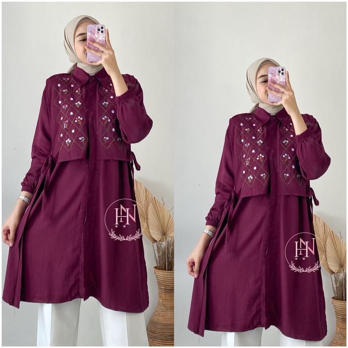 READY Savia Tunik Panjang Kancing Variasi Bordir Rayon Twill Motif Rompi Tunik Wanita Muslim G00D