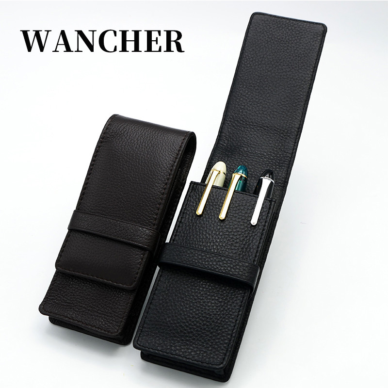 Pen Bag Pen Storage Pencil Bag Wancher Genuine Leather Fountain Pen Case Cowhide 3 Pens Holder Pouch