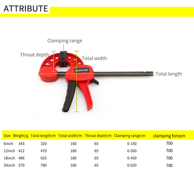 DURATEC New F style bar clamp wood working tools quick grip F clamp 4/6/12/18/24 inch plastic carpen