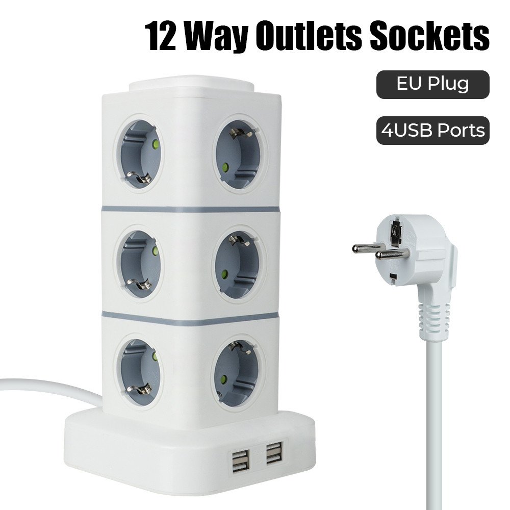 Tower 12 Way Outlets Socket Multi Power Strip Vertical with 4 USB