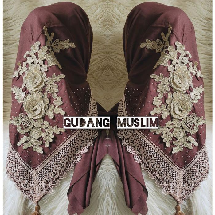 3P9U9- New Hijab Segi Empat Renda Payet Cantik Muslim Voal Motif Kerudung Nyaman Hitam Square