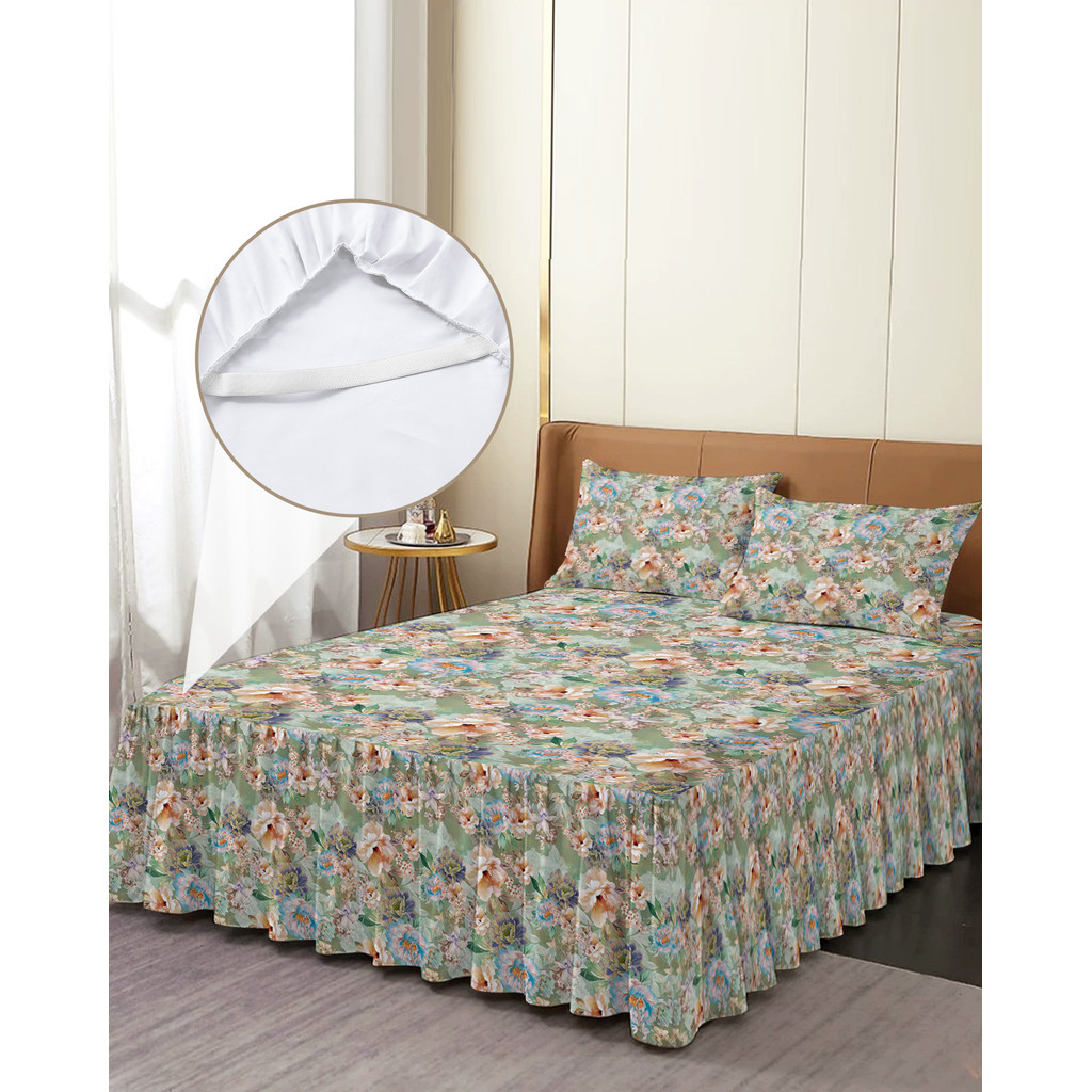 Antique Flower Leaf Bed Skirt Elastic Fitted Bedspread With Pillowcases Bed Protector Mattress Cover