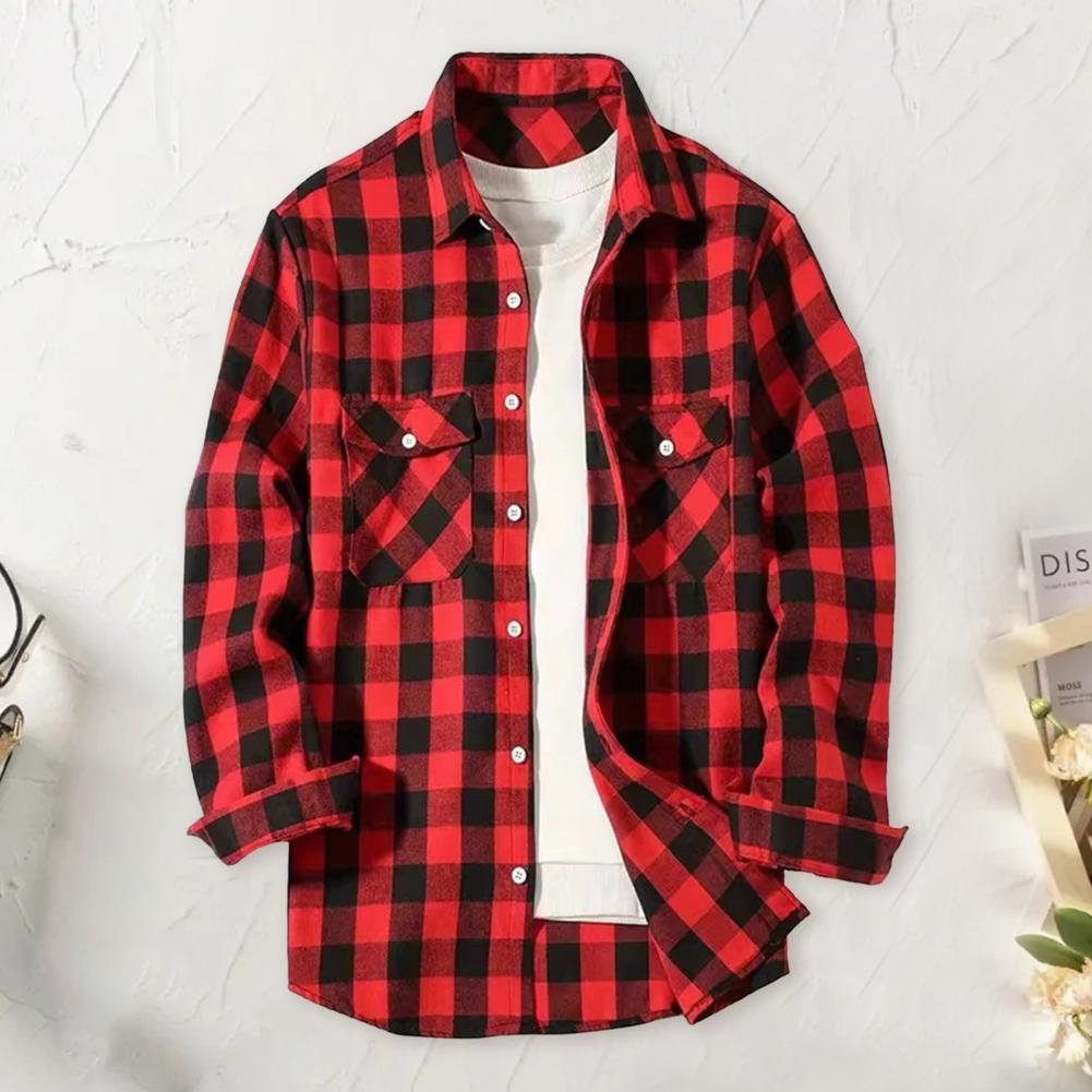 Men Plaid Shirt Loose Fit Men Shirt Men's Plaid Print Shirt Coat with Chest Pocket Turn-down Collar