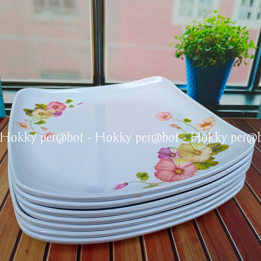 6 PIRING KOTAK BESAR MELAMIN CEKUNG MOTIF MEWAH PIRING SAJI MELAMIN KOTAK CEKUNG TEBAL ASLI