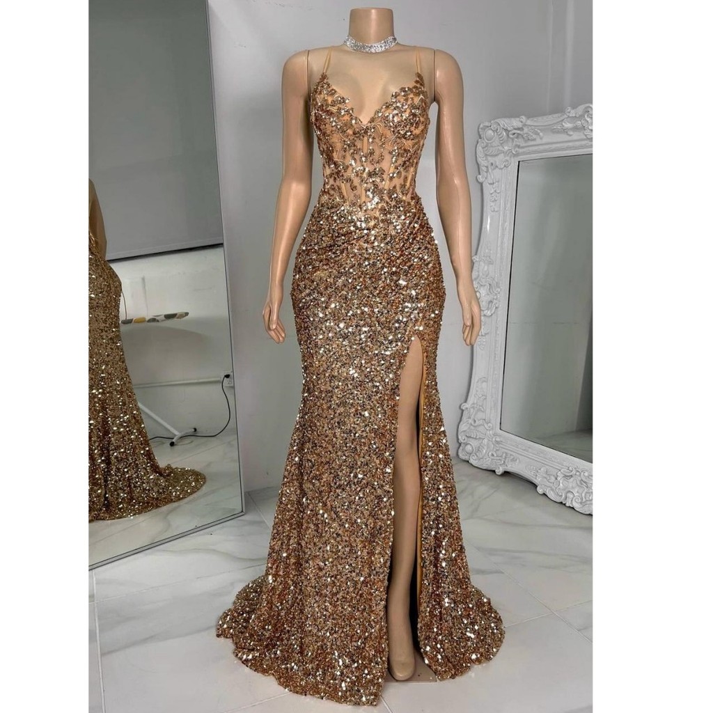 Gold Sequined Evening Dresses with Slit Mermaid vestidos de noche Spaghetti Straps Prom Dress