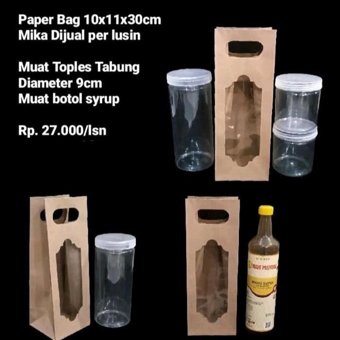 KIRIMCepAt- Paper Bag 10X11X30Cm Mika Cocok Utk Botol Syrup Atau Toples Tabung Dijual Per Lusin