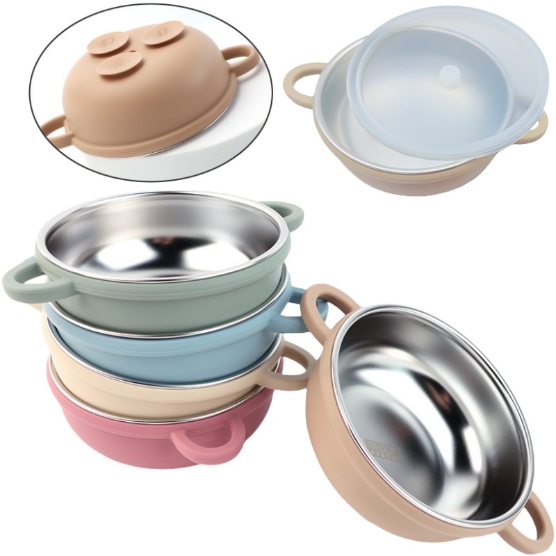 Silicone Baby Feeding Bowl With Suction Cup Stainless Steel Toddler Plate Bowl Spoon Silicone