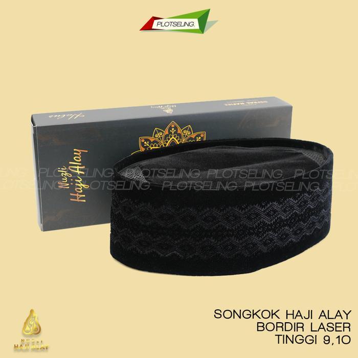 Peci Kopiah Songkok Laser Hitam HAJI ALAY LASER Motif Batik Premium AC Beludru Falcon Tinggi 9 10