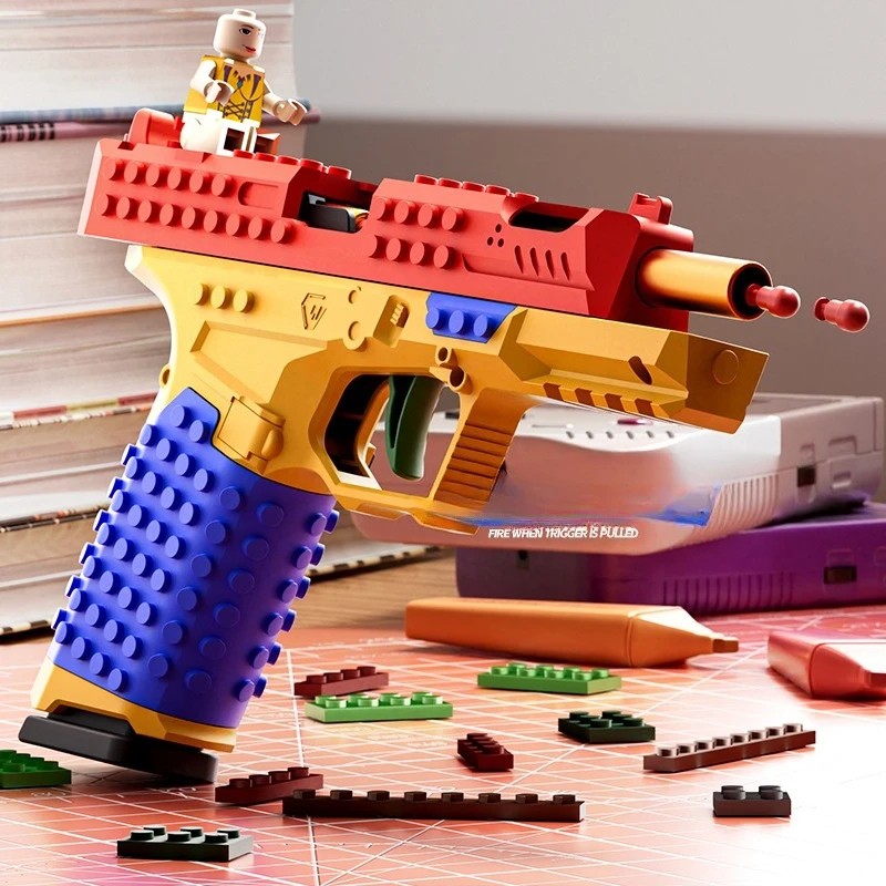Continuous Firing Building Block Pistol Shell Throwing Airsoft Blowback Empty Hanging Toy Gun