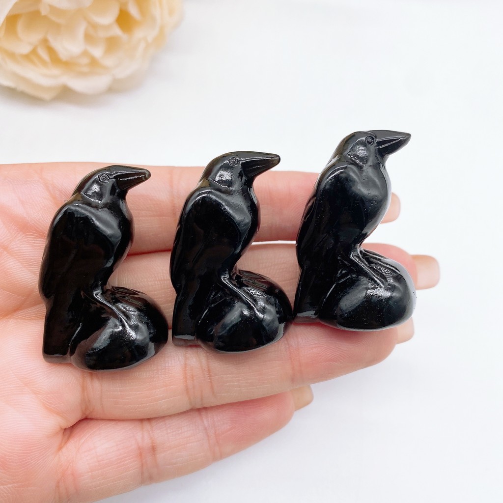 1.3''Raven Statue Natural Obsidian Stone Crow Sculpture Healing Crystal Bird Figurine Animal Lucky
