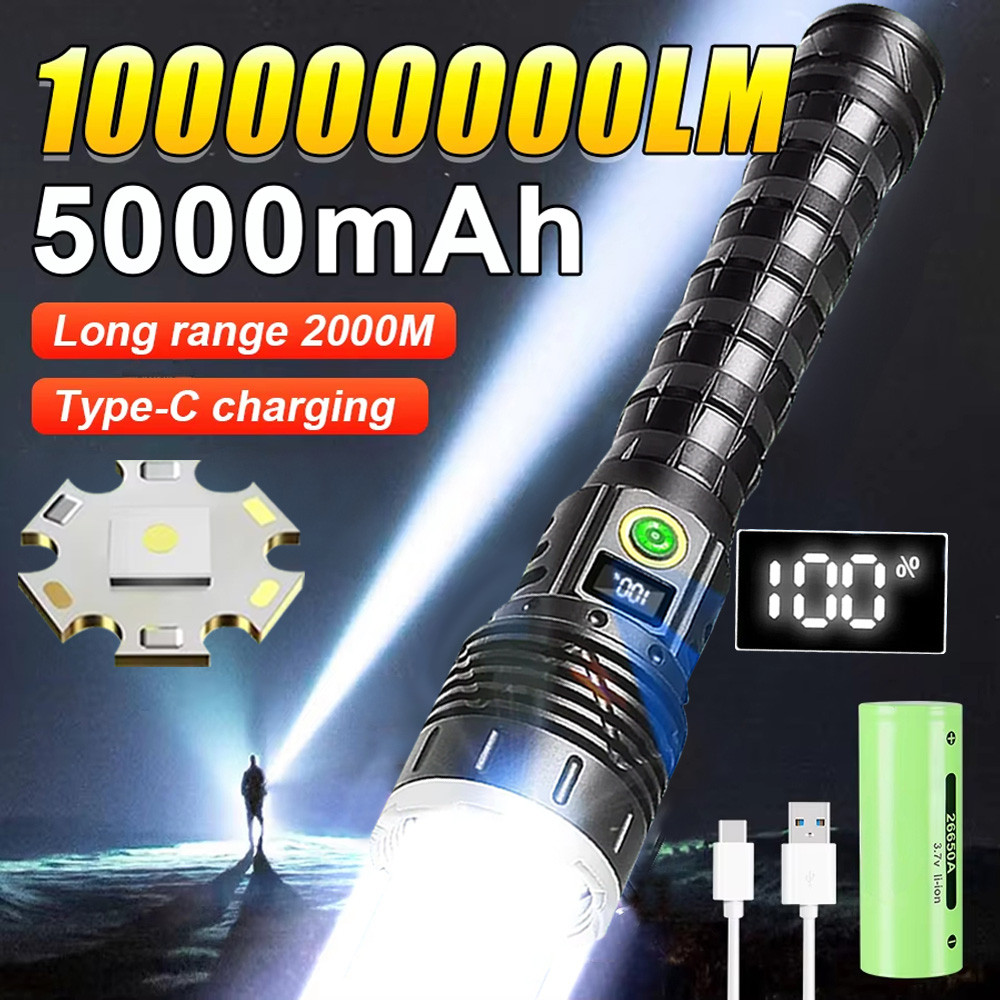 1000000lm Most Powerful Led Flashlight Rechargeable Type-c Flashlight Long Range 2000m Tactical