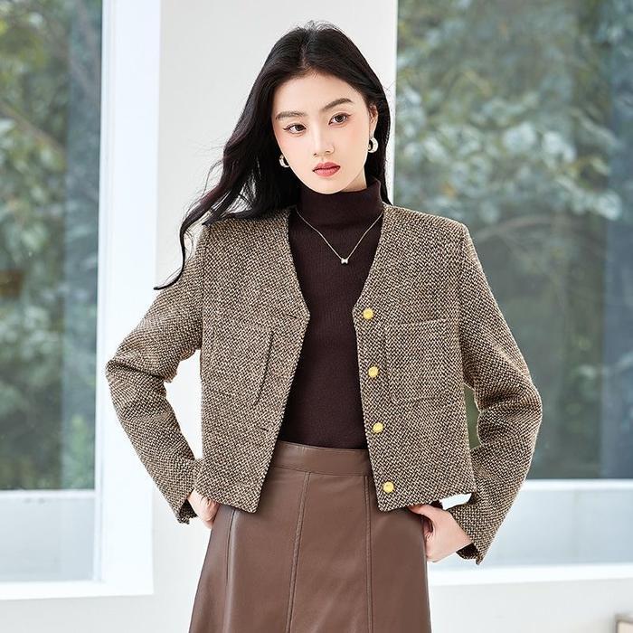 Sale Blazer Wanita Retro Blazer Korea Tweed Cardigan Crop Coklat Blazer Nyaman Autumn Blazer Korea