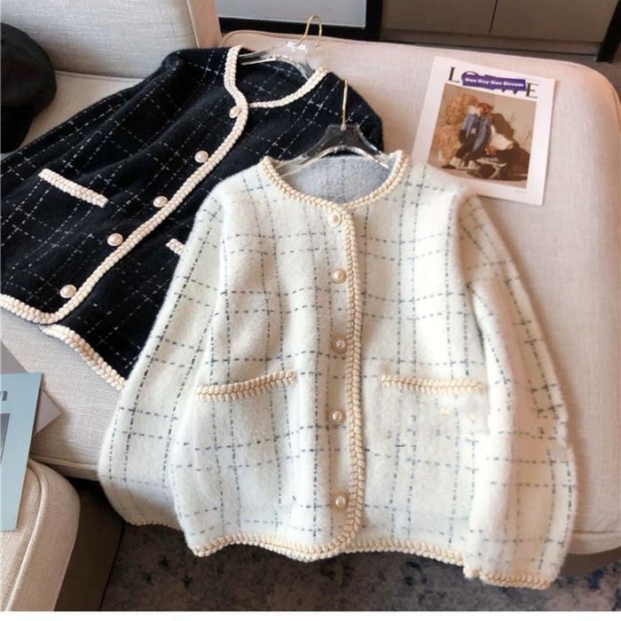 Bagus Cardigan Atasan Wanita Blazer Premium Tweed Wol Garis Santai Stripe Casual Baju Outer Cewek