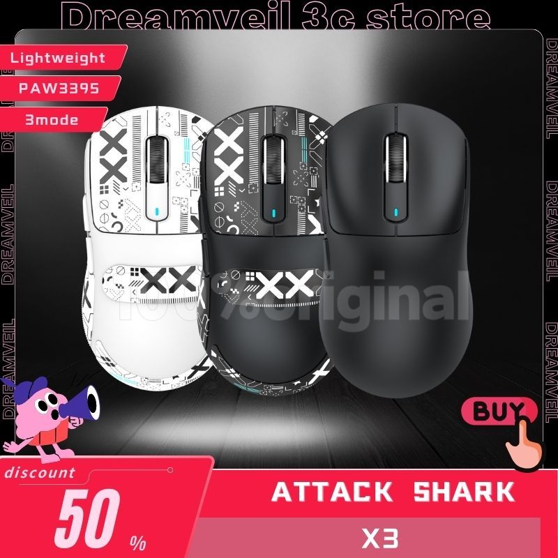 Attack Shark X3 Wireless Mouse Gamer Mouse PAW3395 Lightweight 3 Mode 2.4G Bluetooth Mice Accessorie