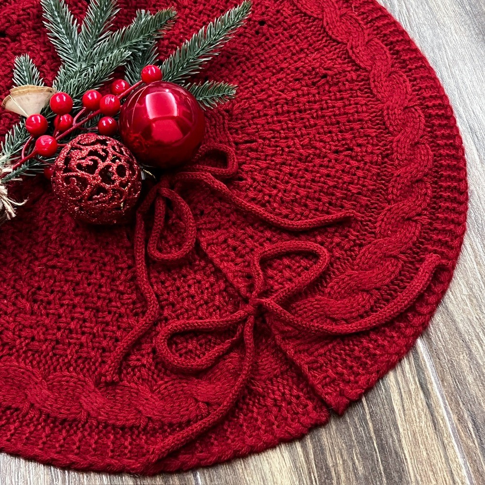 18 in Knitted Christmas Tree Skirt Red/White Polyester Christmas Tree Mat Round Xmas Tree Foot Cover