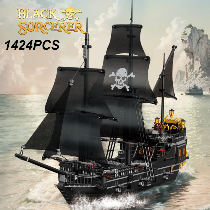 1424Pcs Black Pirate Ship Building Blocks Skeleton Ghost Boat Model Assembly Bricks Toys Desktop