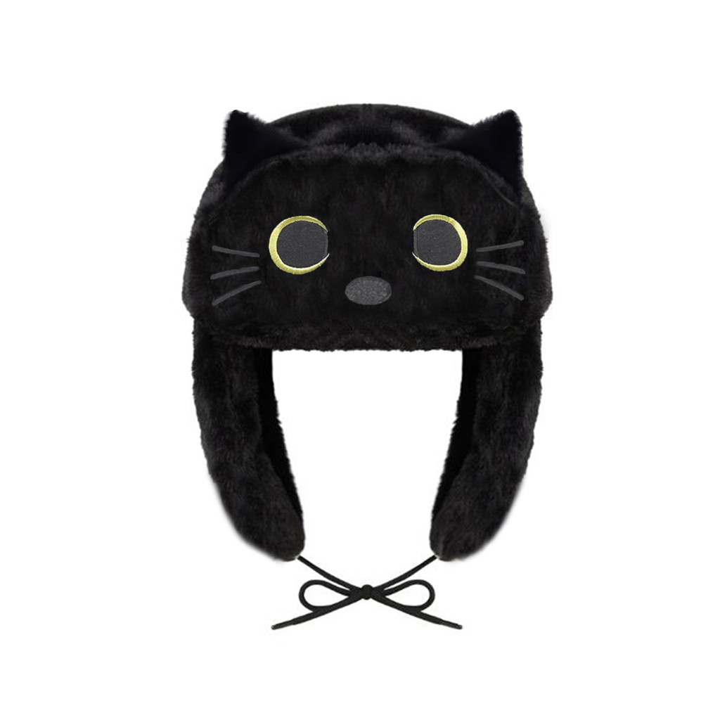 Black Cat Design Hot Ushanka Hat Winter Women's Cap Trapper Embroidery Knit Cap Autumn and Winter