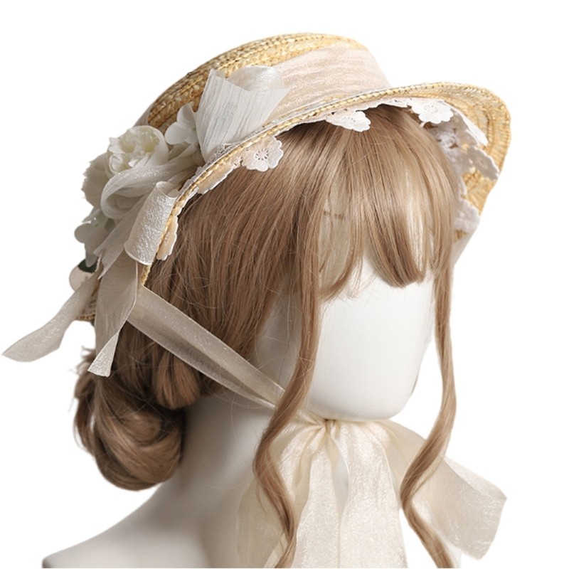 Delicate Flower Flat Hat Women Straw Bonnet Vacation Beach Hat Sweet Foldable Travel Bonnet Hat