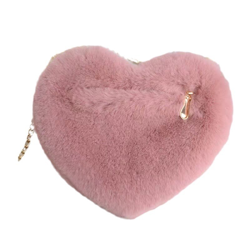 Fashion Women's Fluffy Mini Shoulder Chain Bag Heart Shaped Soft Faux Fur Crossbody Handbag