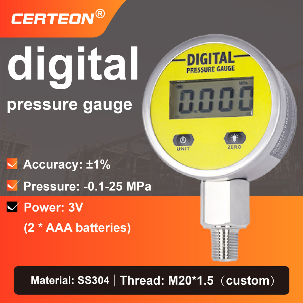 MD-S260 Digital Pressure Gauge -0.1MPa~25MPa M20*1.5 G1/2 Battery Powered LCD SS High Accuracy