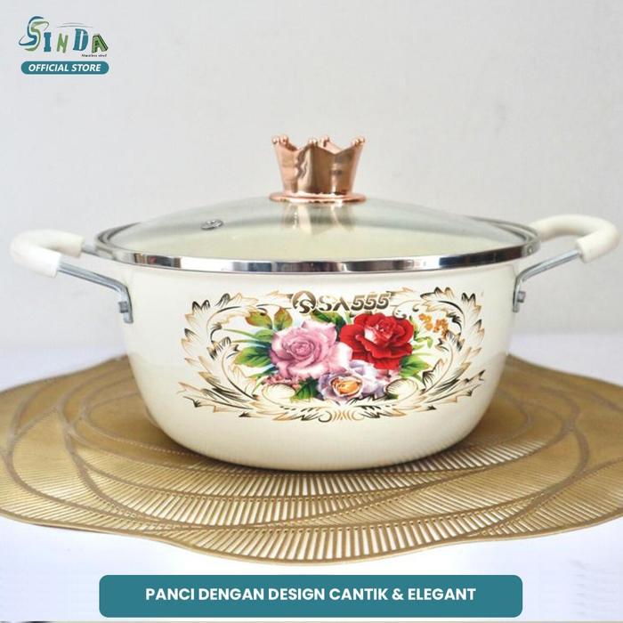 SINDA Panci Set 3 in 1 Enamel Tutup Kaca Motif Bunga + Teflon Anti Lengket, Solusi Masak Praktis dan