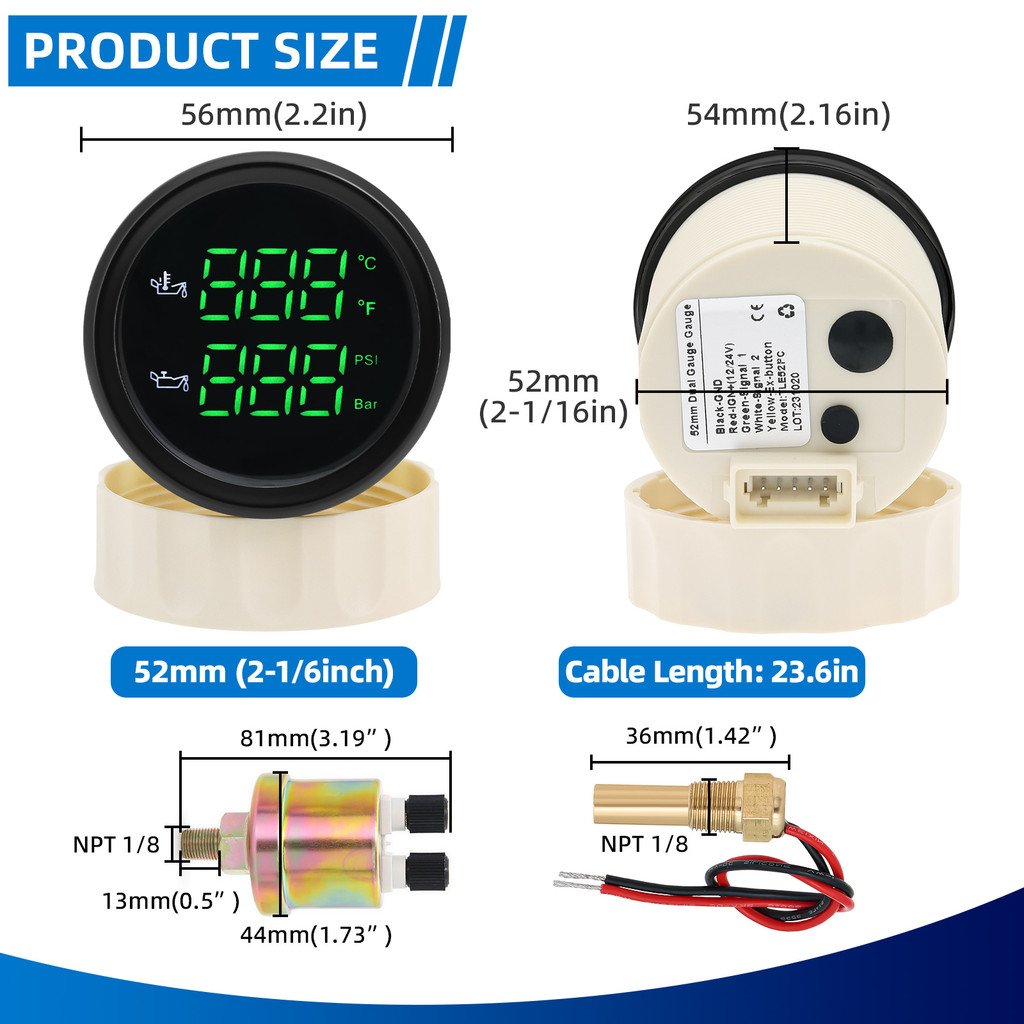 2 In 1 Car Gauge 50~150 Celsius Oil Temperature Gauge 0-10 Bar Oil Pressure Gauge With Sensor