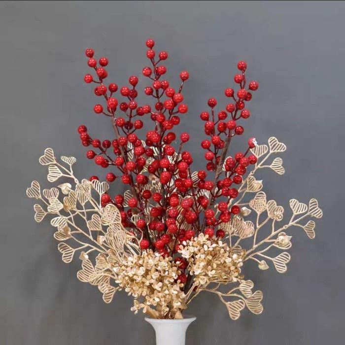 Bunga Emas Natal Fu Hoki Koin Gold Cherry Merah Batang Golden Flower Ornamen Natal Christmas Gift