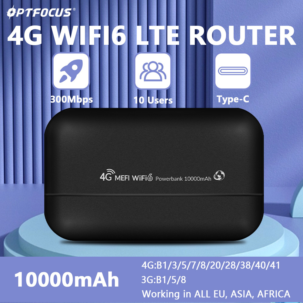 Optfocus 4G Wifi Mobile Pocket Router 10000Mah 300Mb Mifi Wifi6 Em Lte Wireless Router Outdoor