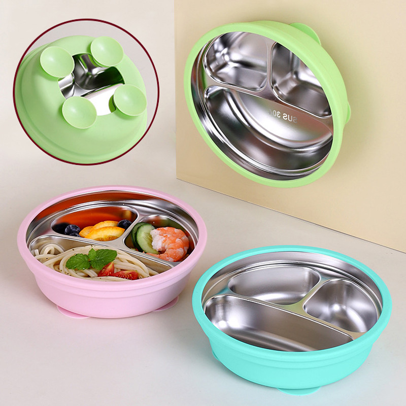 Children'S Food Grade Silicone Stainless Steel Suction Plate Baby Feeding Bowl Cartoon Design Meal