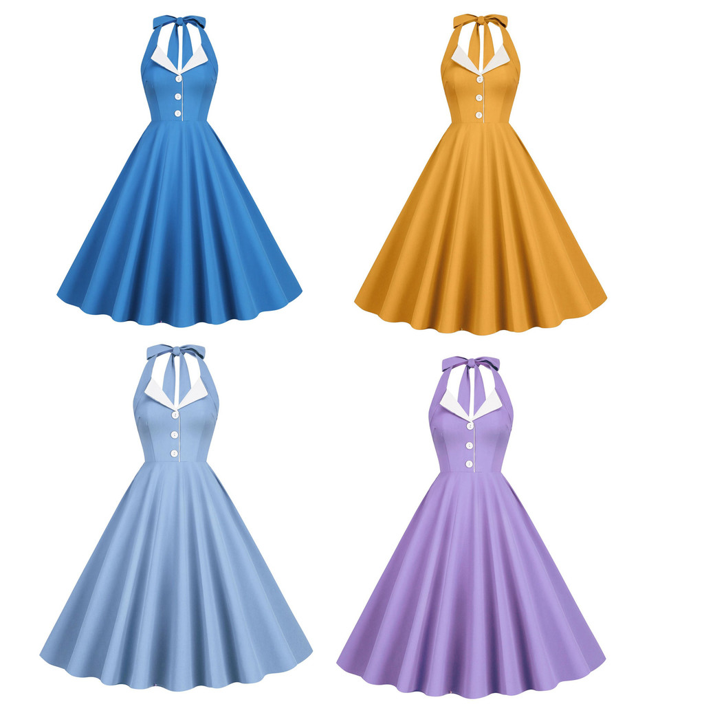 Women Vintage Halterneck Dress With Pockets Rockabilly Cocktail Party Elegant Dress 1950s 40s Swing
