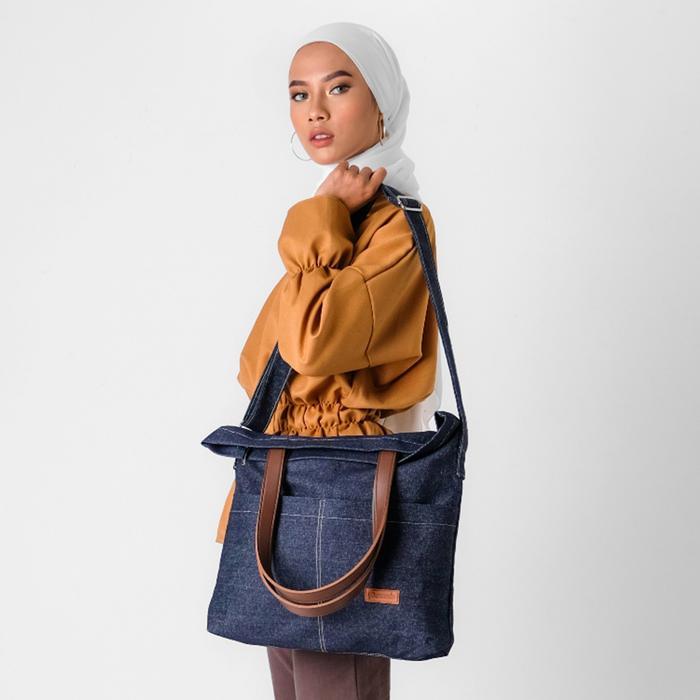 veluna- Pamole Tote Bag Tas Selempang Bahan Jeans Penutup Resleting Shoulder Bag