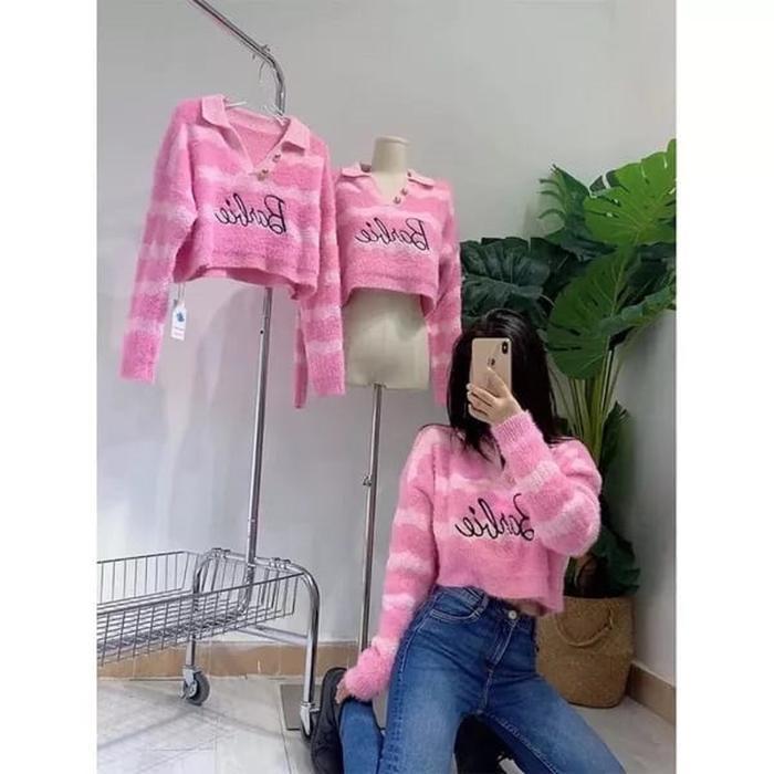 Crop Top Knit Bulu 559 Crop Bulu Crop Wanita Kerah Crew Neck Lembut Knitwear Atasan Sweater Cardigan