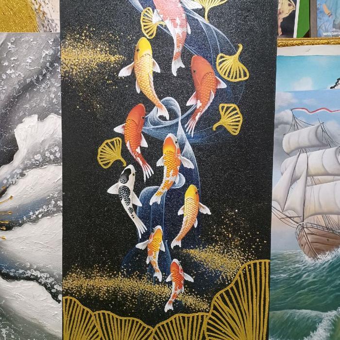 lukisan koi aesthetic,lukisan fine art,lukisan modern texture.lukisan ikan koi.hiasan dinding