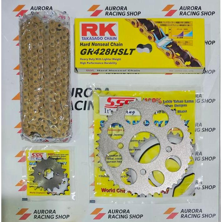 Paling Laris Gear Set Sss 428 Honda Tiger & Rantai Rk 428 Hslt Gold Terlaris