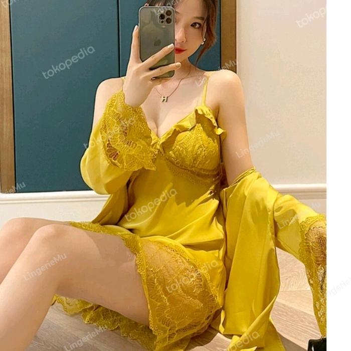 Lingerie Kimono Satin 2 In 1 Satin /Setelan Baju Tidur Seserahan