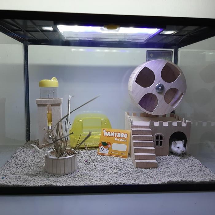 HAMTARO Terarium Kandang Hamster Rumah Kincir Kayu Ukuran Besar Aquarium Hamster Paket Lengkap