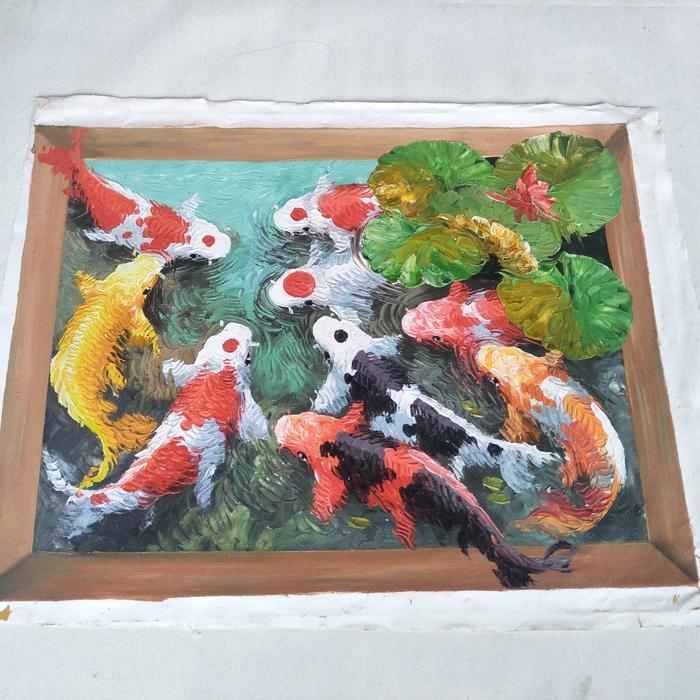 Lukisan ikan koi Timbul/ Hiasan Dinding Modern/ Lukisan Fengsui