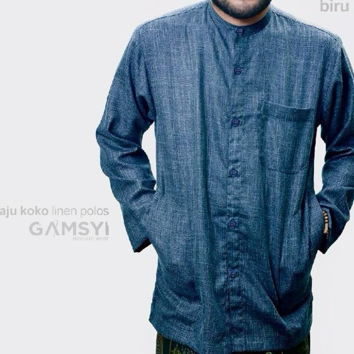 BAJU KOKO LINEN GAMSYI LMH LENGAN PANJANG POLOS KERAH MUSLIM NYAMAN PUTIH PRIA DEWASA