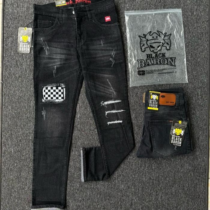 8zg8- Celana Jeans Panjang Kotak Catur Hitam Black Baron Terbaru - Nyaman Pria Slim-Fitting