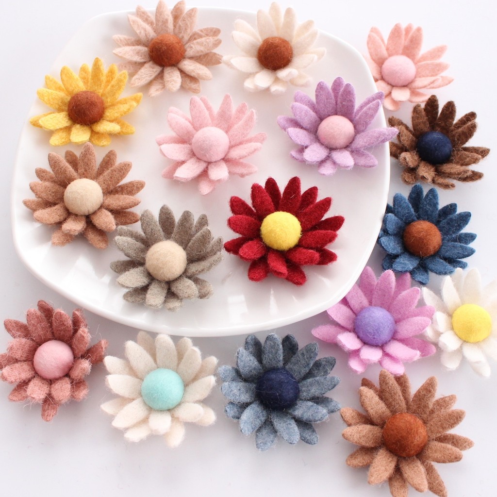 Soft Daisy Wool Fabric Floral Button in Center Felt Flowers For Kids Girl DIY Clothing Bag Hair