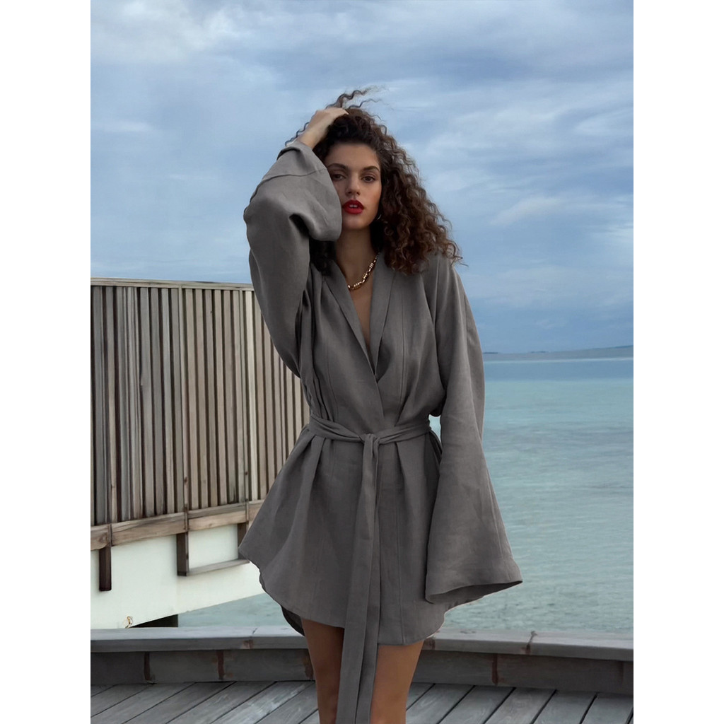 Wolfeel 2025 Autumn Summer New Cotton Linen Robe Dress Women's Fashion Lace Long Sleeve Dress Casual